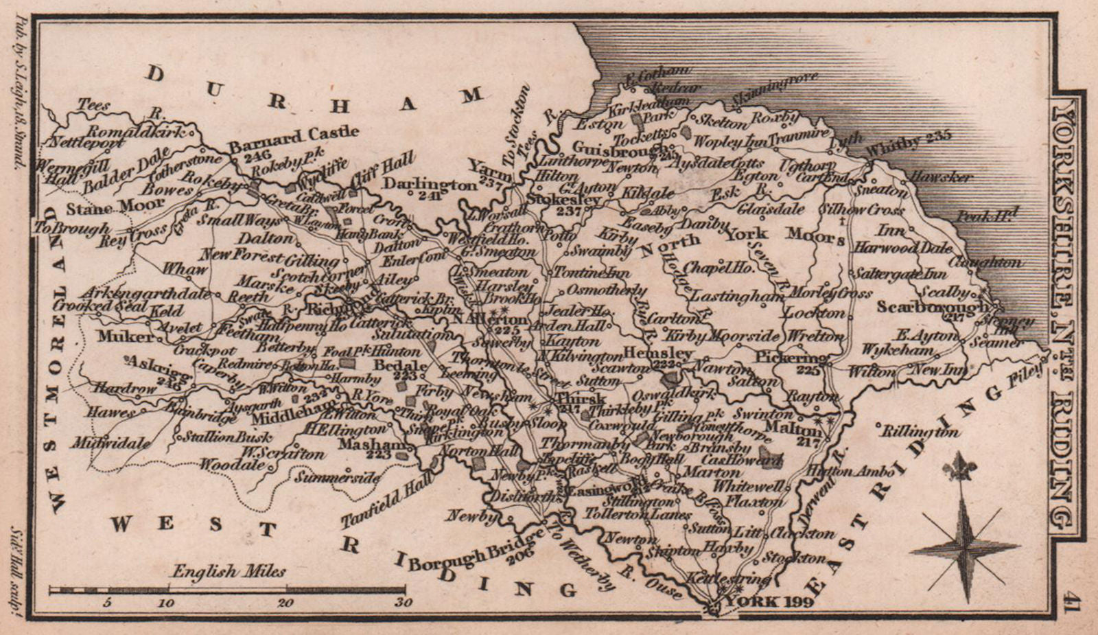 Yorkshire North Riding miniature county map by Samuel Leigh / Sidney Hall c1820